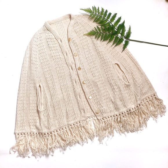 Vintage Cream Poncho Fringe Cardigan - Picture 1 of 7